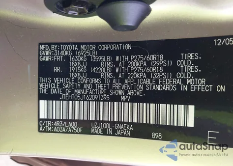 2006 Toyota Land Cruiser V8 z USA, uszkodzony, nr VIN JTEHT05J162091395